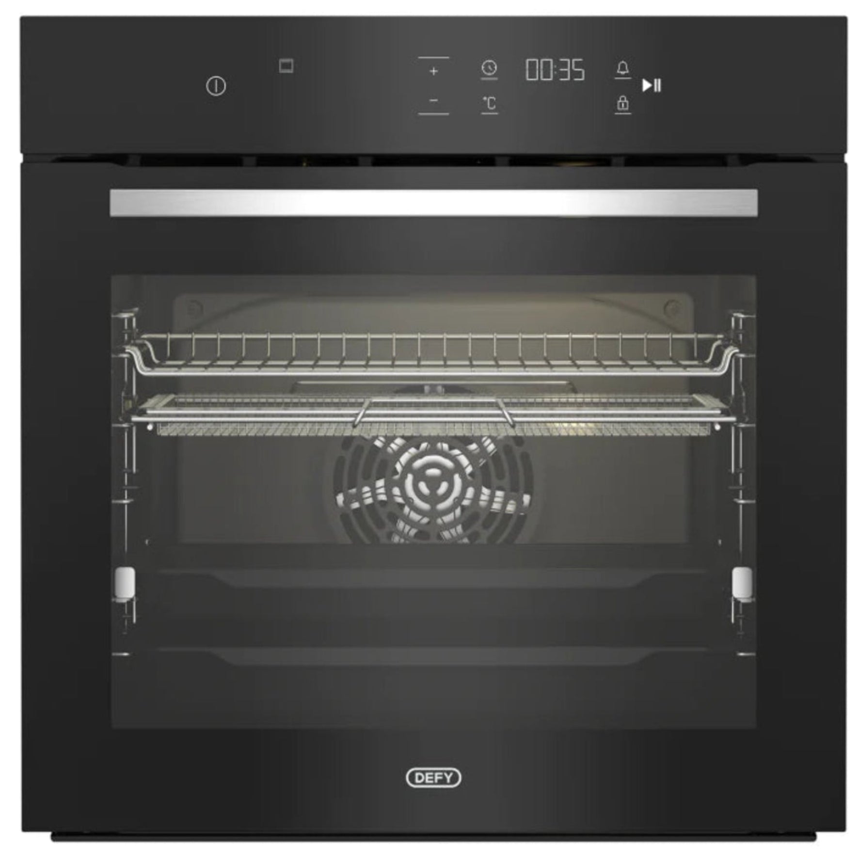 Black oven with digital display on a white background