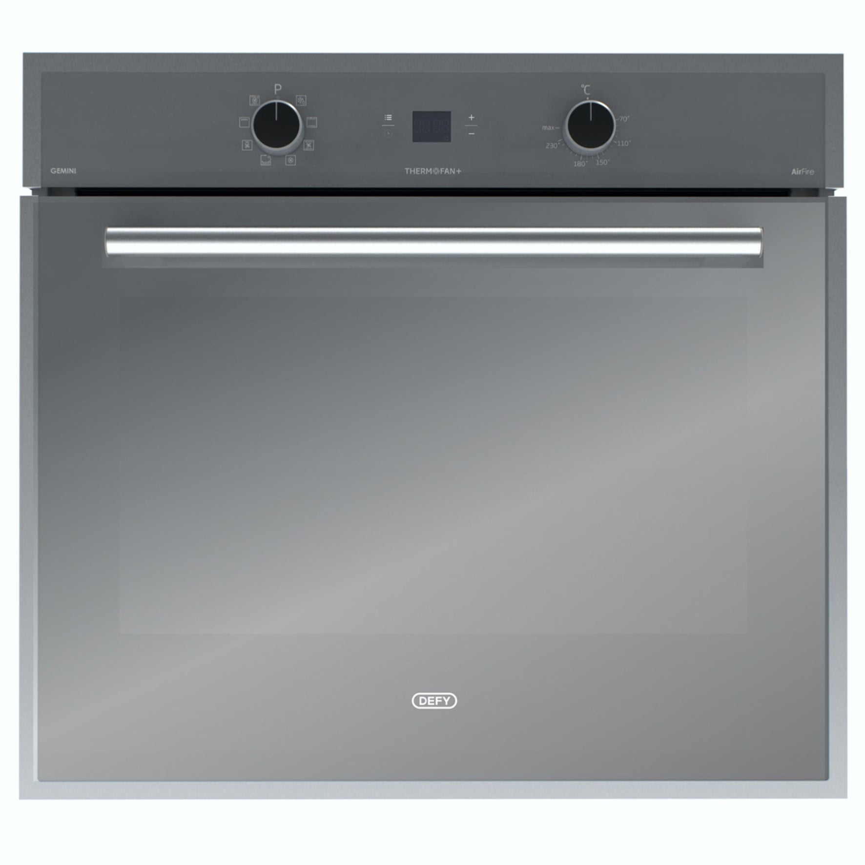 A black mirror finish built-in oven with a visible brand logo on the front, featuring a glass control panel and stainless steel trims.