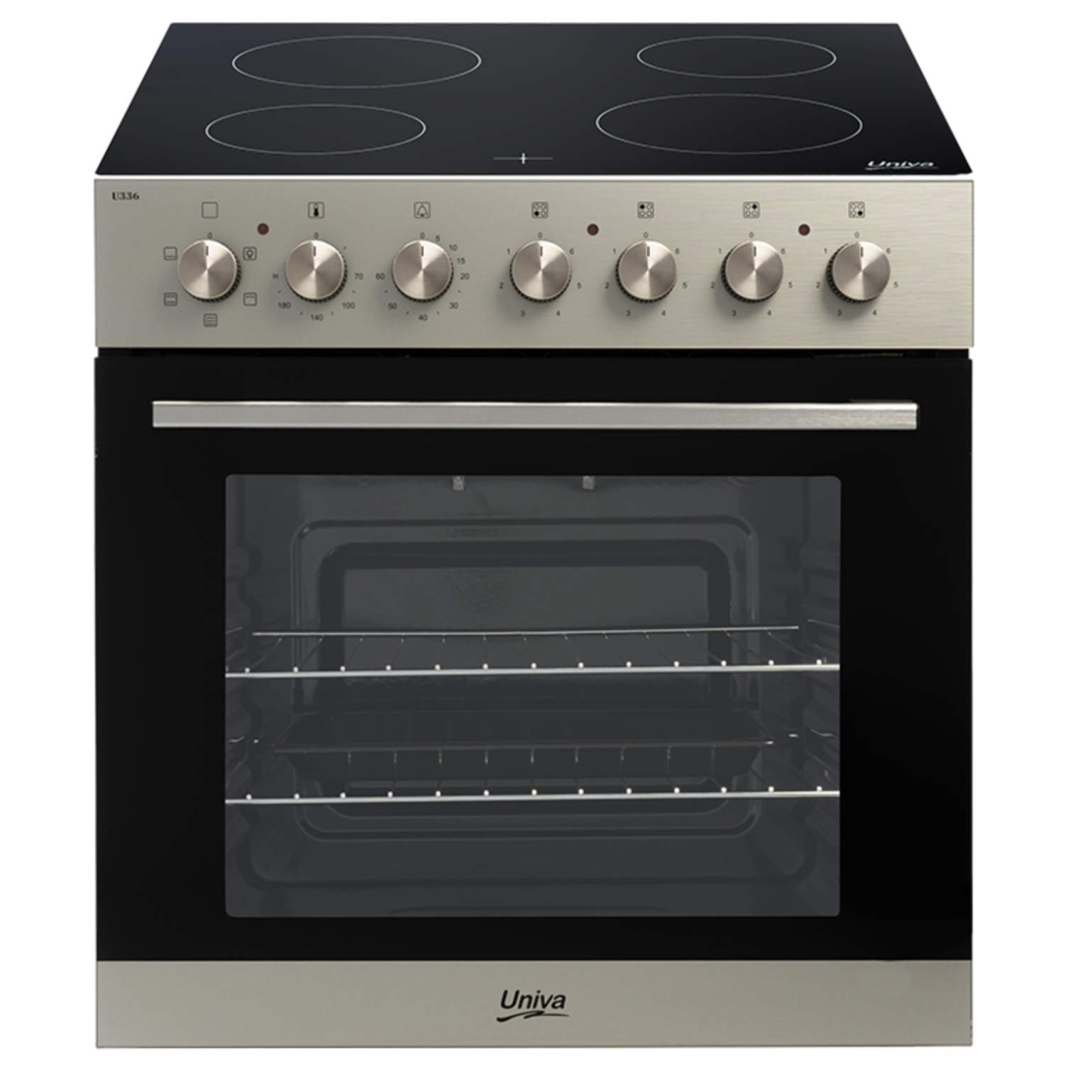 A black Univa built-in oven and hob set with a full glass door, chrome shelves, and control panel.