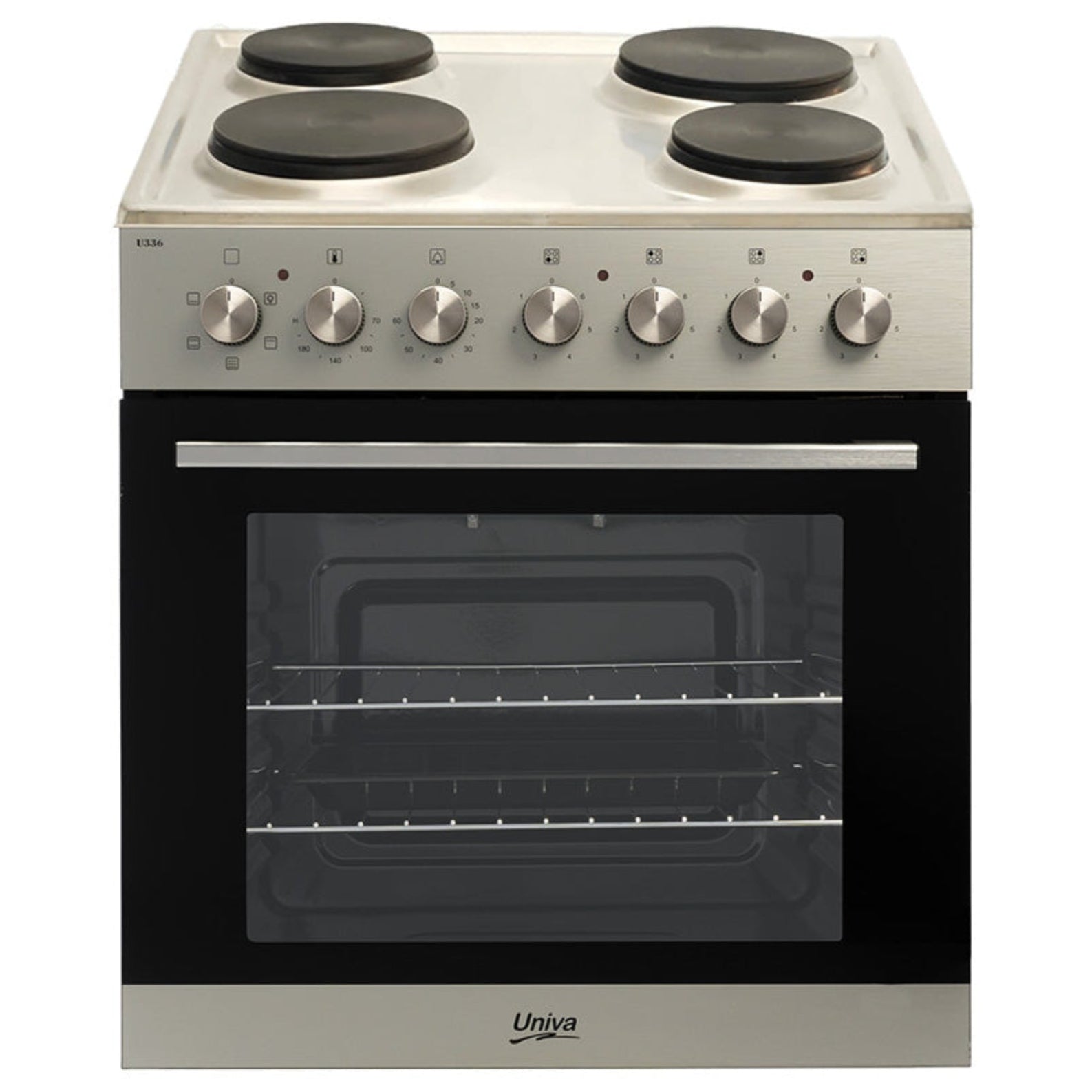 A built-in stainless steel oven with glass door and hob, featuring chrome finish knobs and a roasting pan inside.