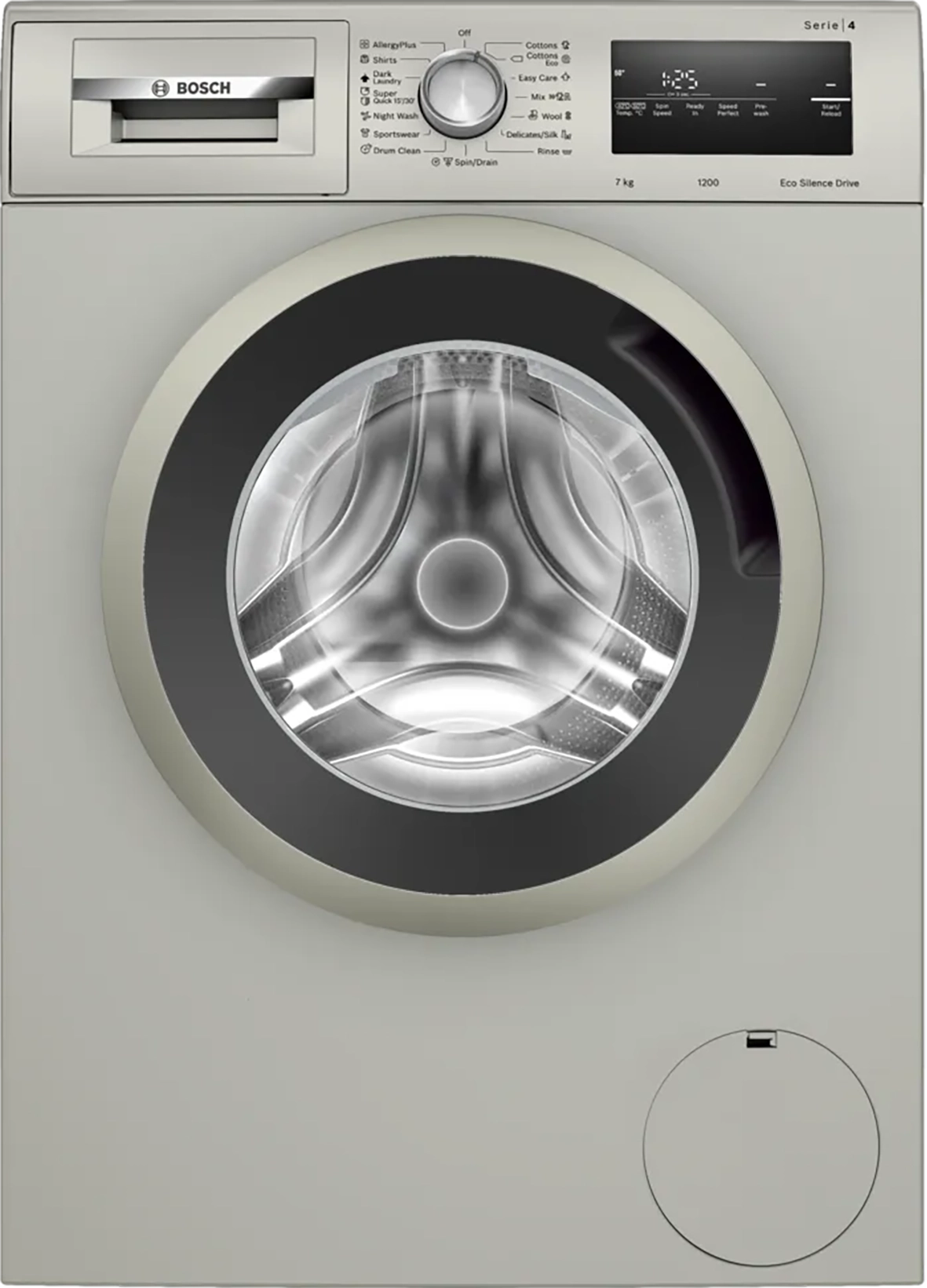 Bosch washing machine with open door showing drum interior on a white background