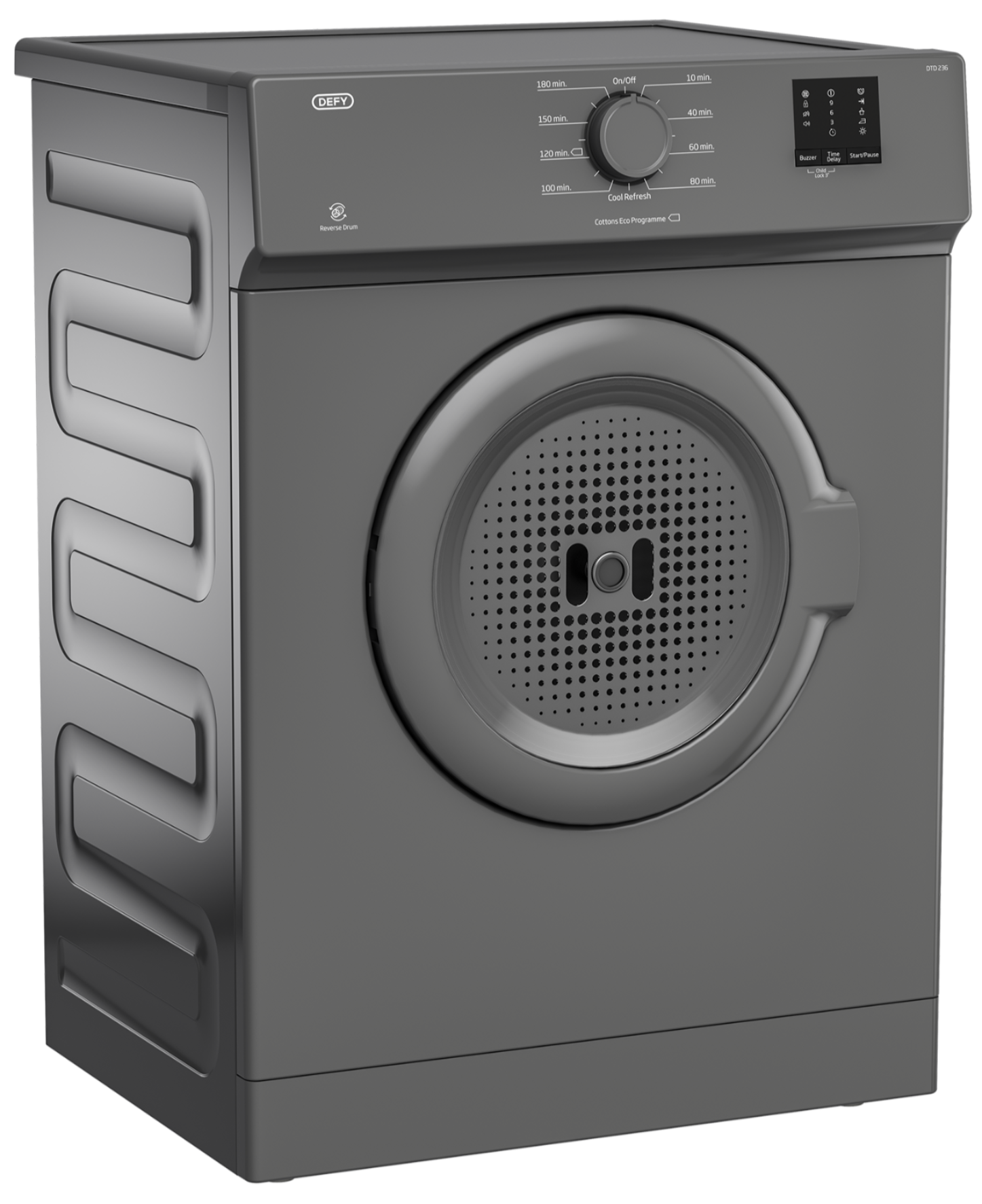 Gray dryer with brand logo on a white background