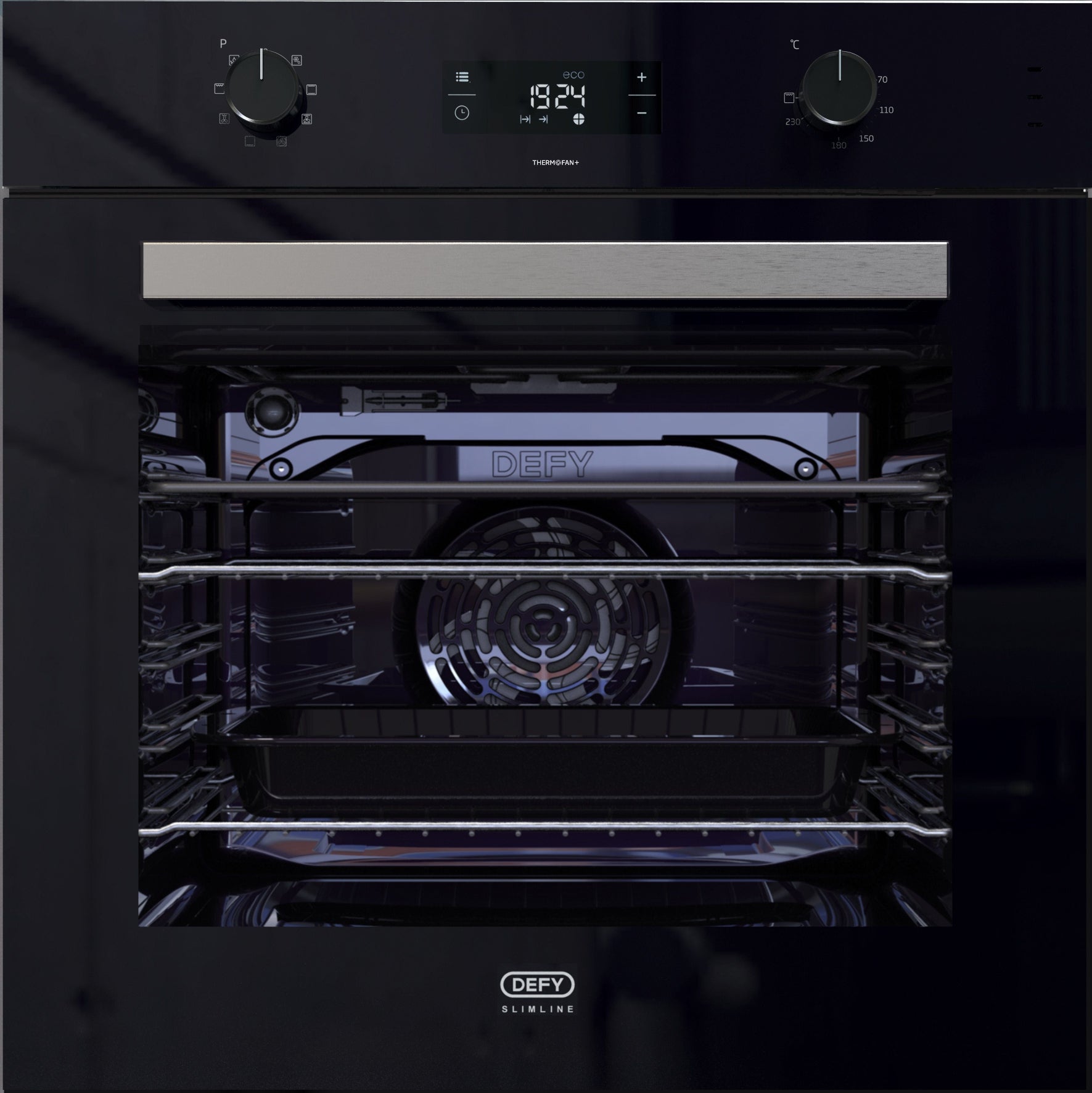 A black built-in oven with a clear glass door and a digital control panel on the right side.