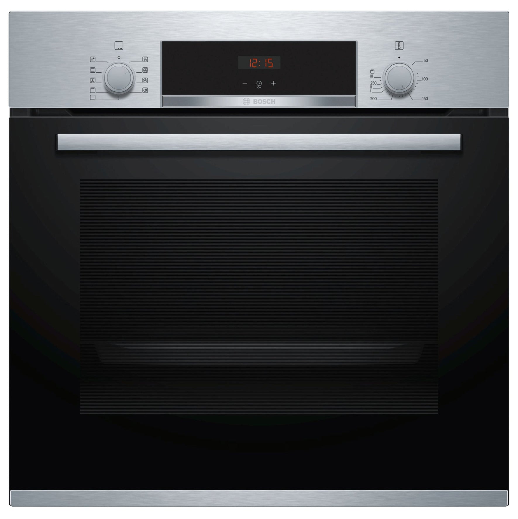 Front view of a Bosch built-in oven with a stainless steel finish and a digital display on the right side.