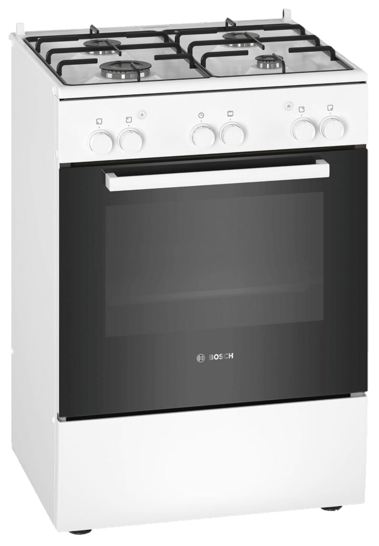 Bosch gas stove with four burners and an oven on a white background