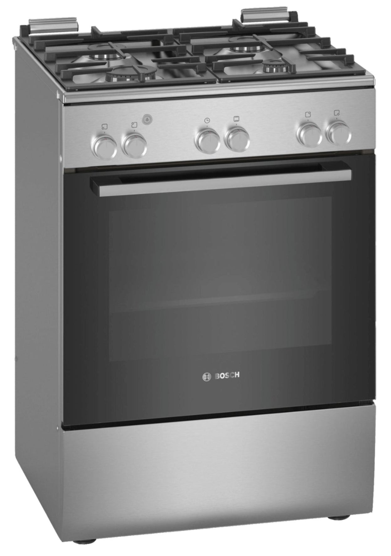 Stainless steel gas oven with black glass door on a white background