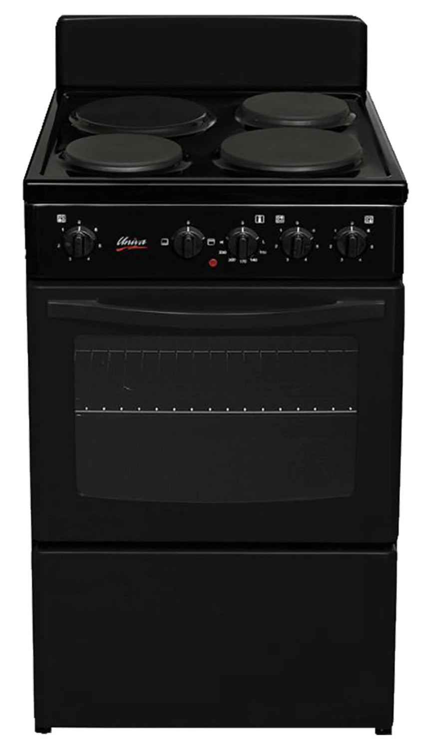 Black electric stove with four burners on a white background