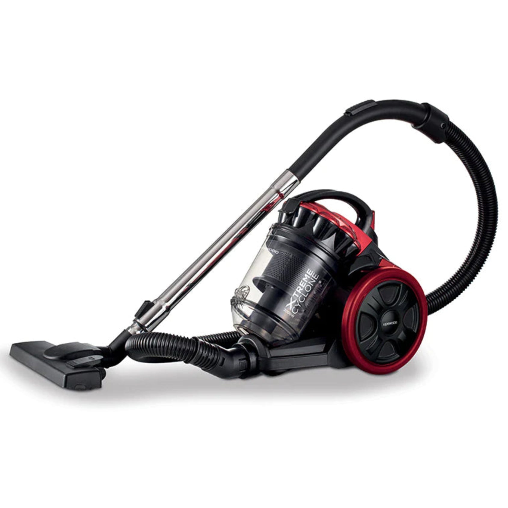 A Kenwood bagless vacuum cleaner in black and red color, model VBP70, with visible washable HEPA filter and metal telescopic tube.