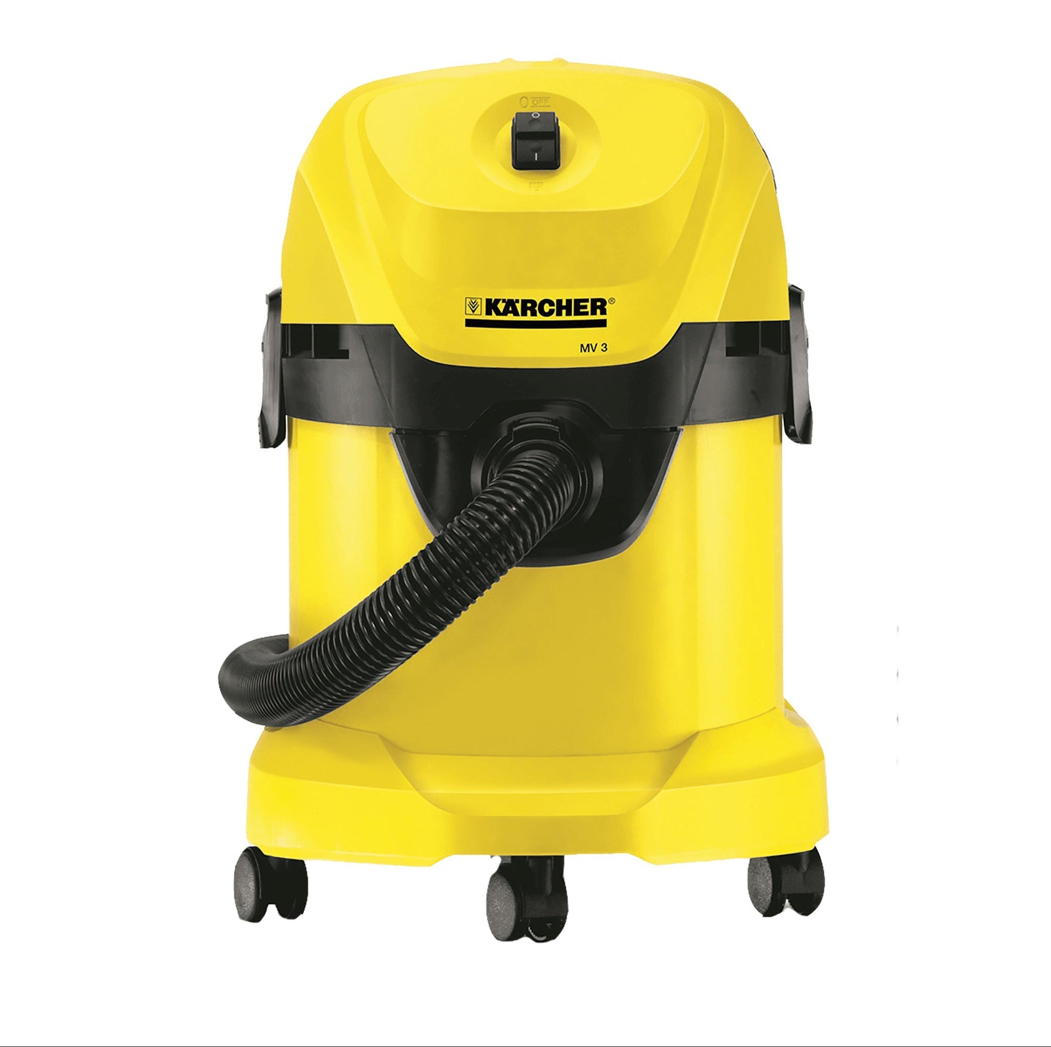 A yellow Karcher vacuum cleaner with a black floor nozzle and a removable handle.