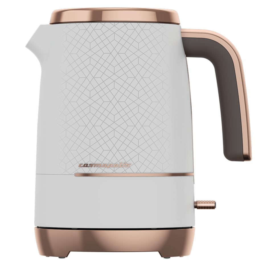 Beko 1.7L electric kettle with a white body and copper accents, featuring a geometric pattern on the body and a curved handle.