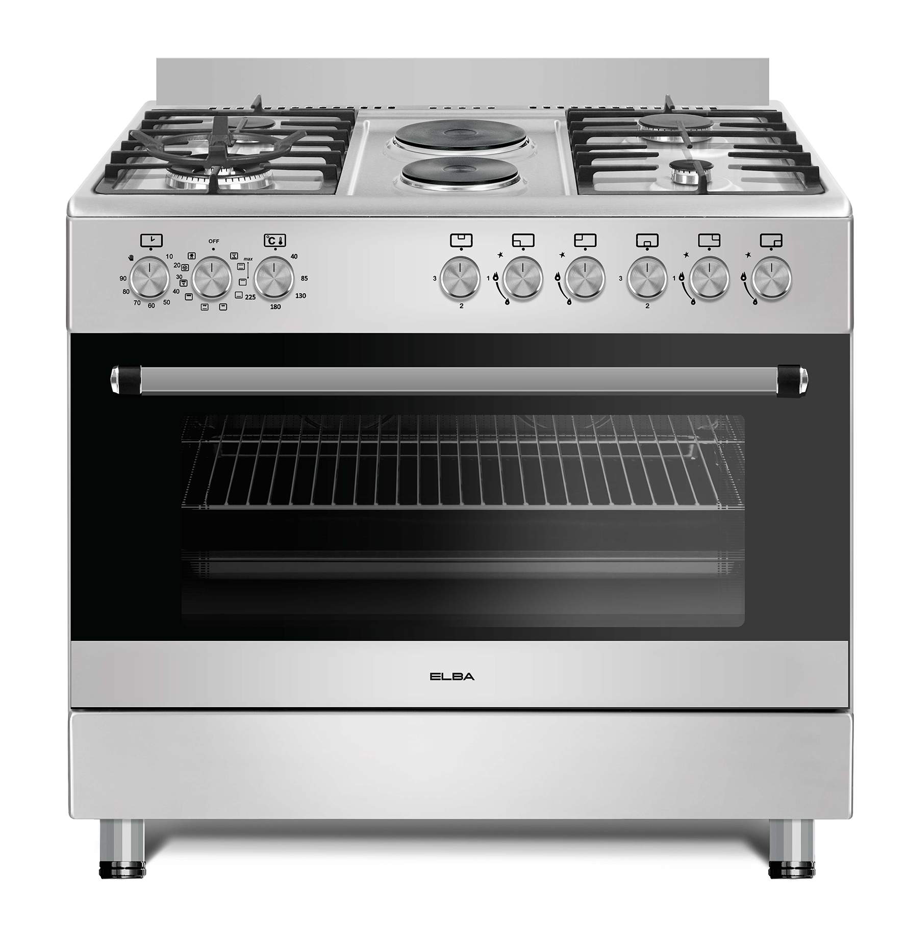 Elba Essential 4 Burner Gas - 2 Electric Plate Stove 90cm Silver 04/96CL727