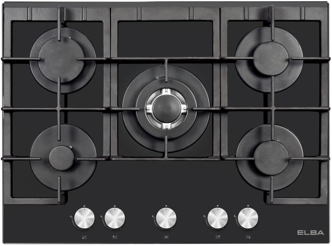 Elba 70cm 5 Burner Gas on Glass Hob Black 04/T75-550G