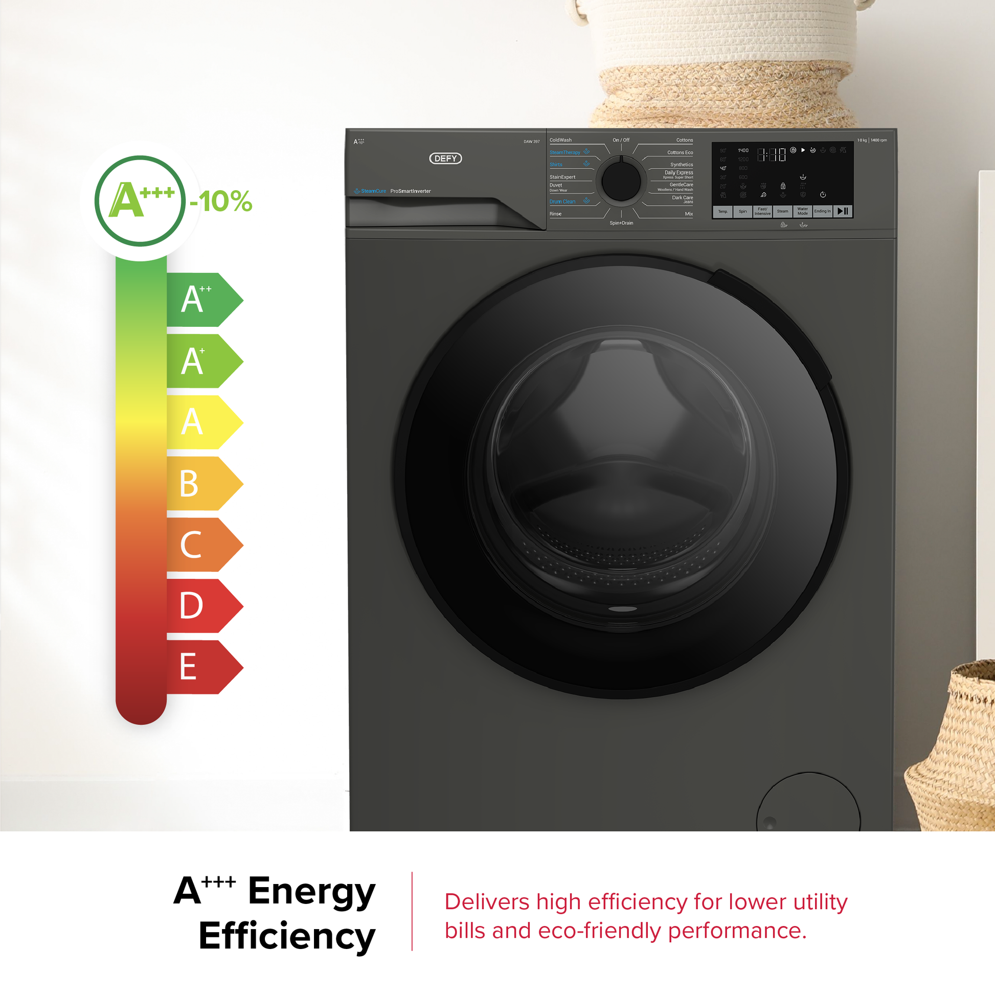 Defy 10kg SteamCure Front Loader Washing Machine Manhattan Grey DAW397-9