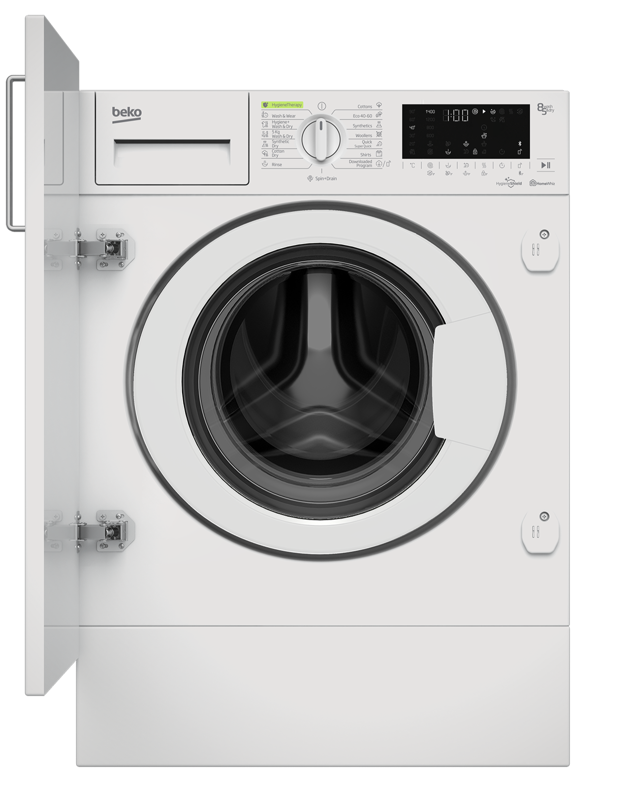 Beko integrated washer/dryer in white color, with the door open showing the interior drum.