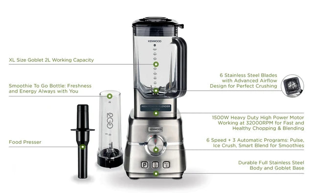 Kenwood High Power Blender with Smoothie Bottle S/Steel 1500W BLM91.640SS-6