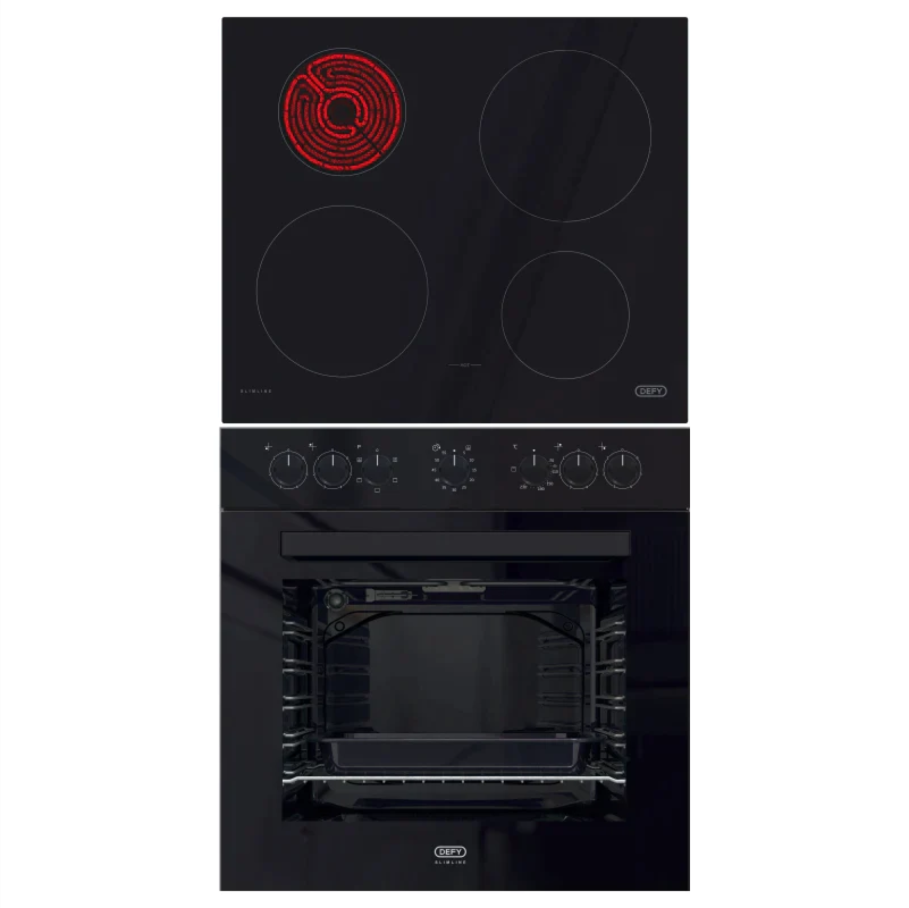 A black Defy oven and hob set, featuring a static oven with mechanical timer and a hob with ceramic glass surface and hot surface indicator lights.