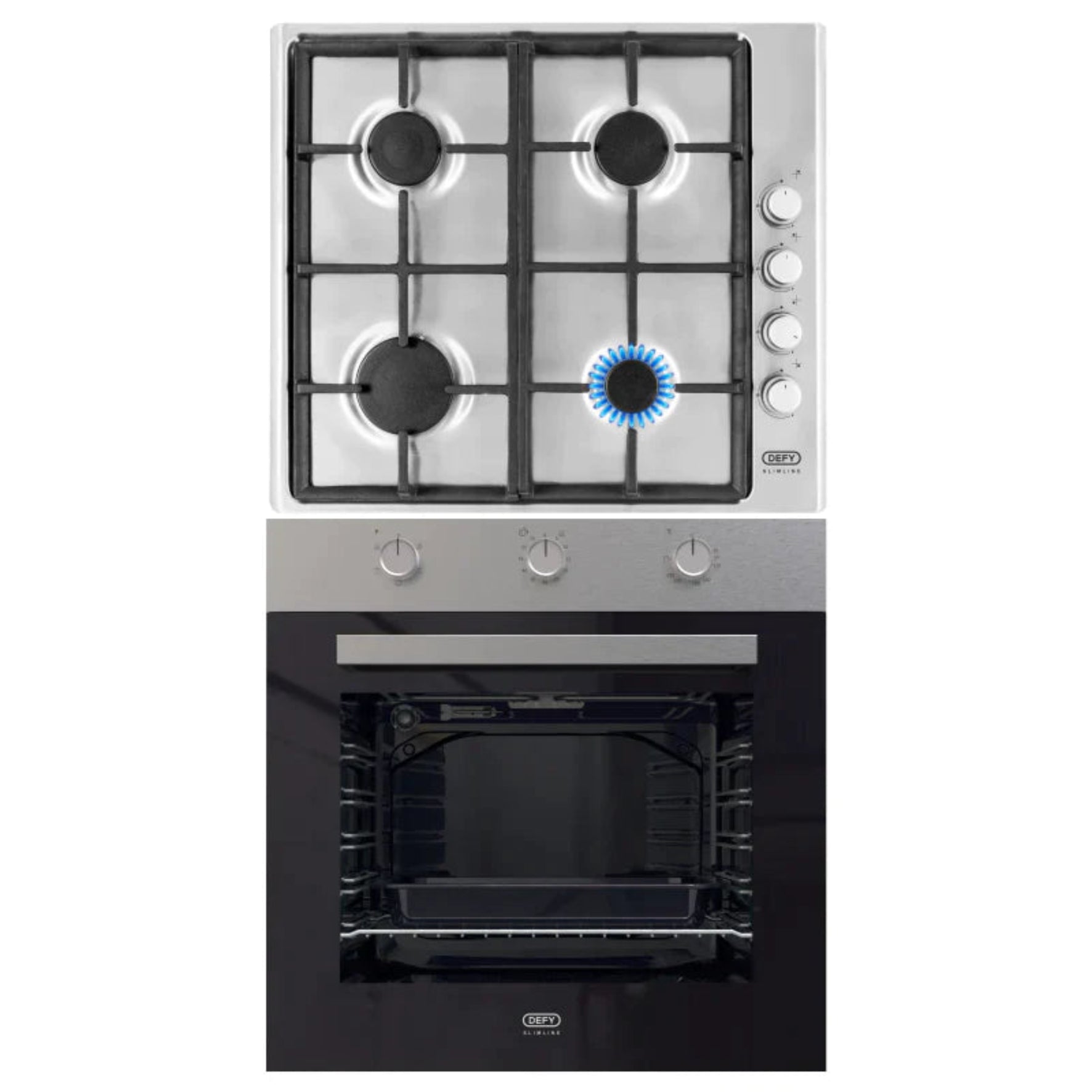 A stainless steel oven and hob set with four gas burners. The oven is positioned below the hob and has a mechanical timer with a brushed aluminium handle.