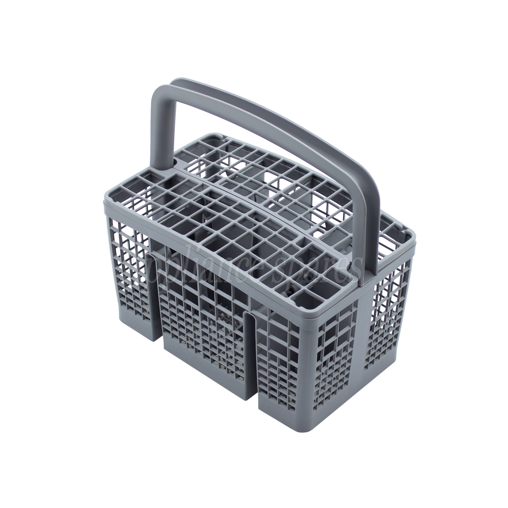 A gray plastic cutlery basket for a dishwasher, featuring a handle and compartments for organizing cutlery.