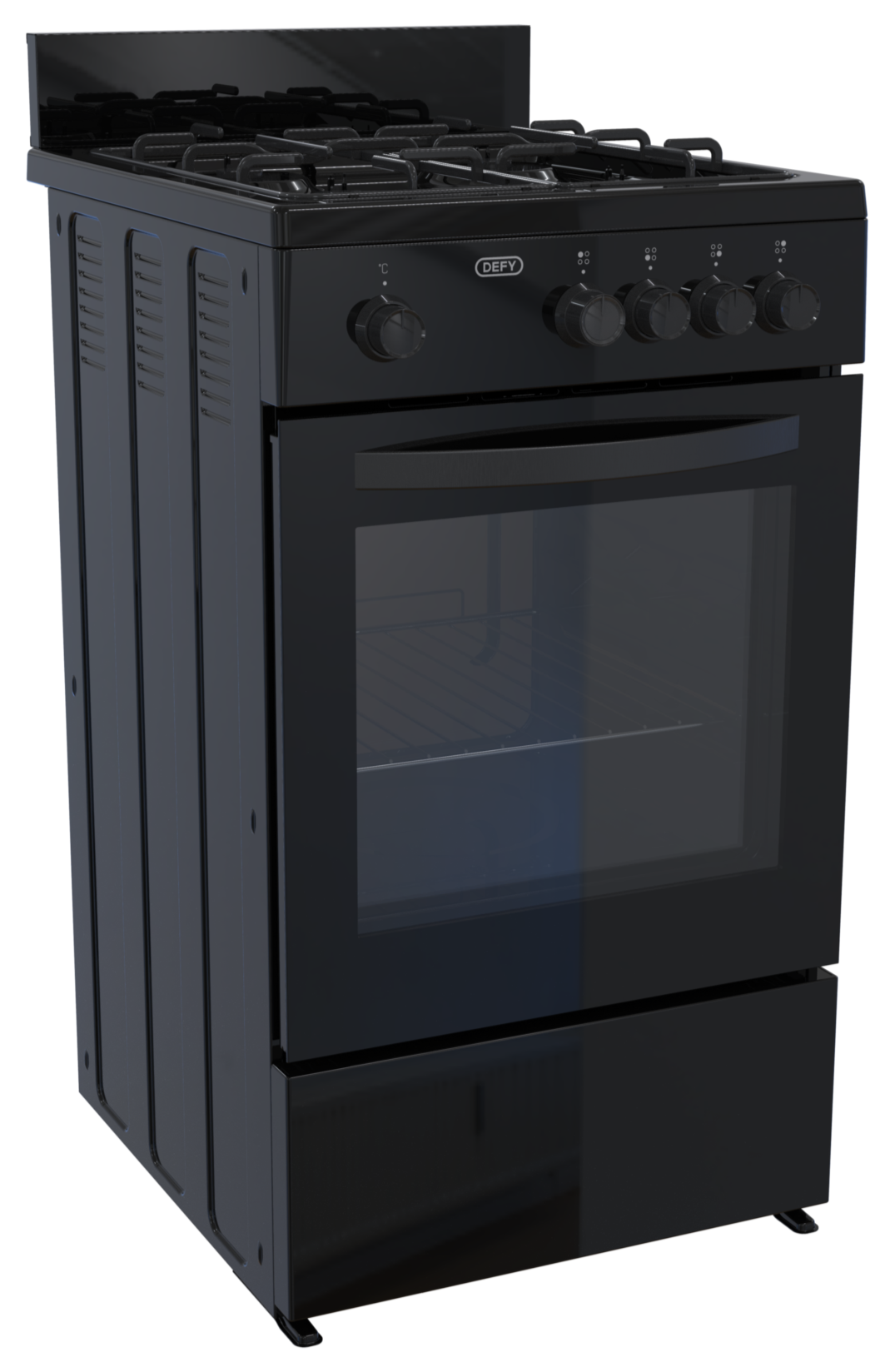 Black stove with gas cooktop on a white background