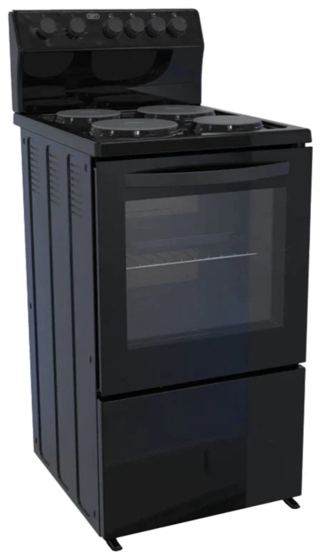 Black electric stove with glass door on a white background