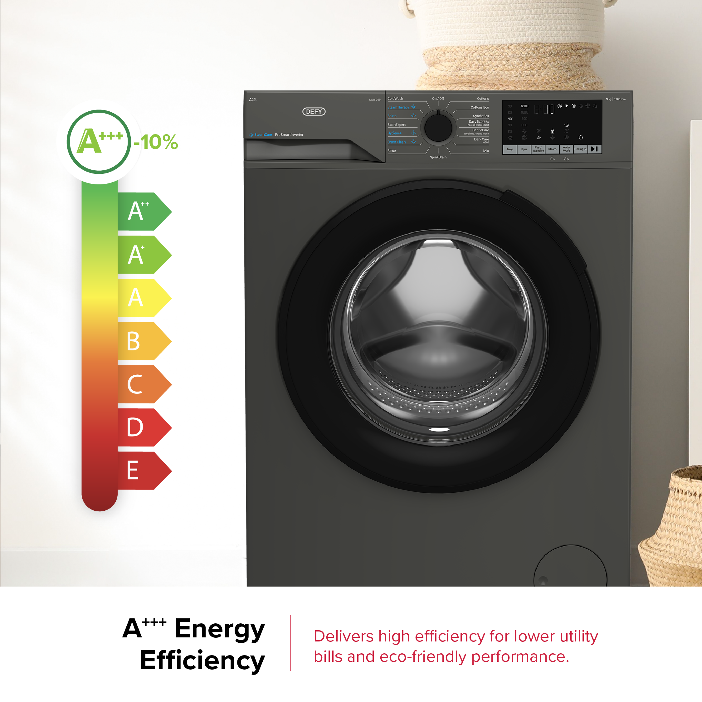 Defy 9kg SteamCure Front Loader Washing Machine Manhattan Grey DAW399