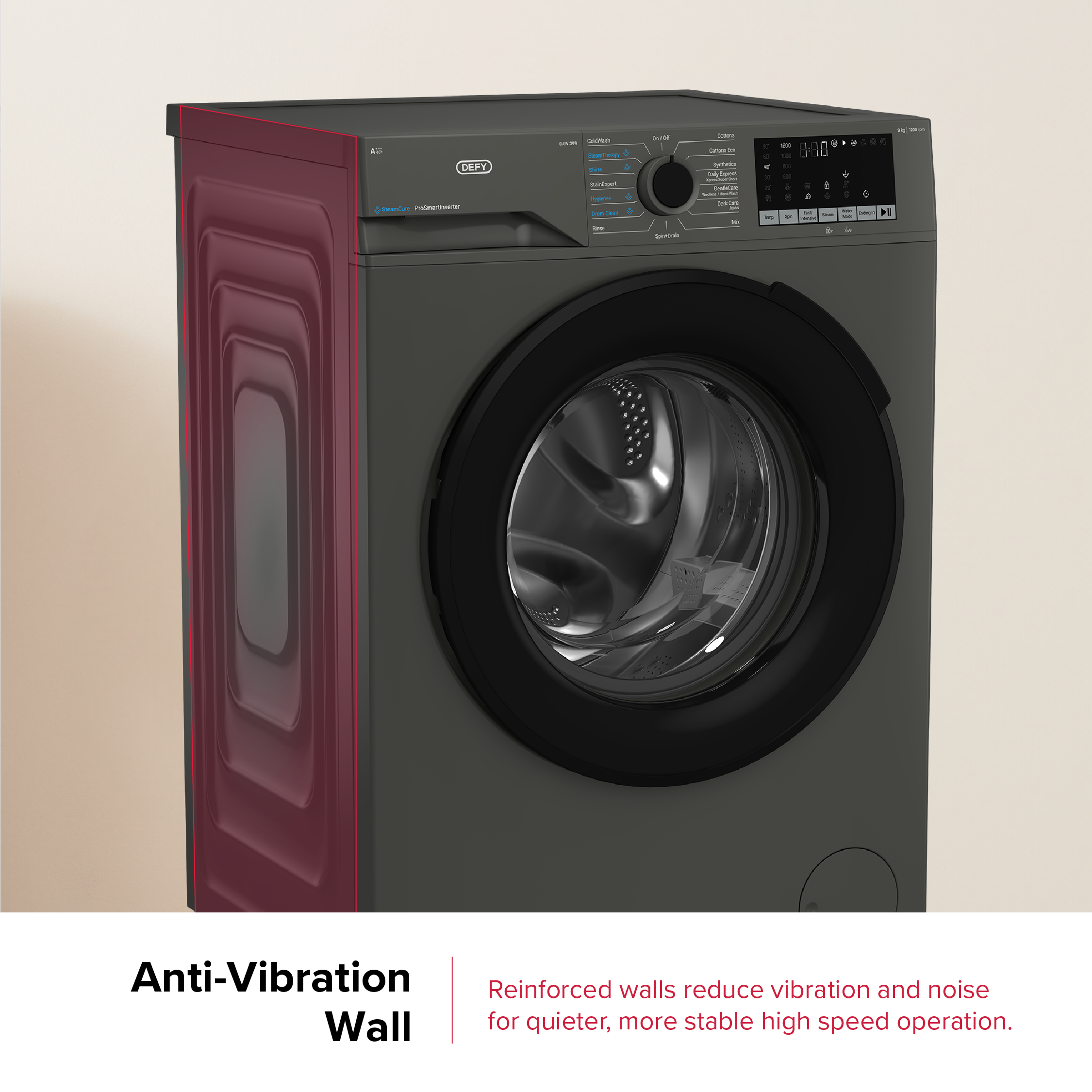 Defy 9kg SteamCure Front Loader Washing Machine Manhattan Grey DAW399