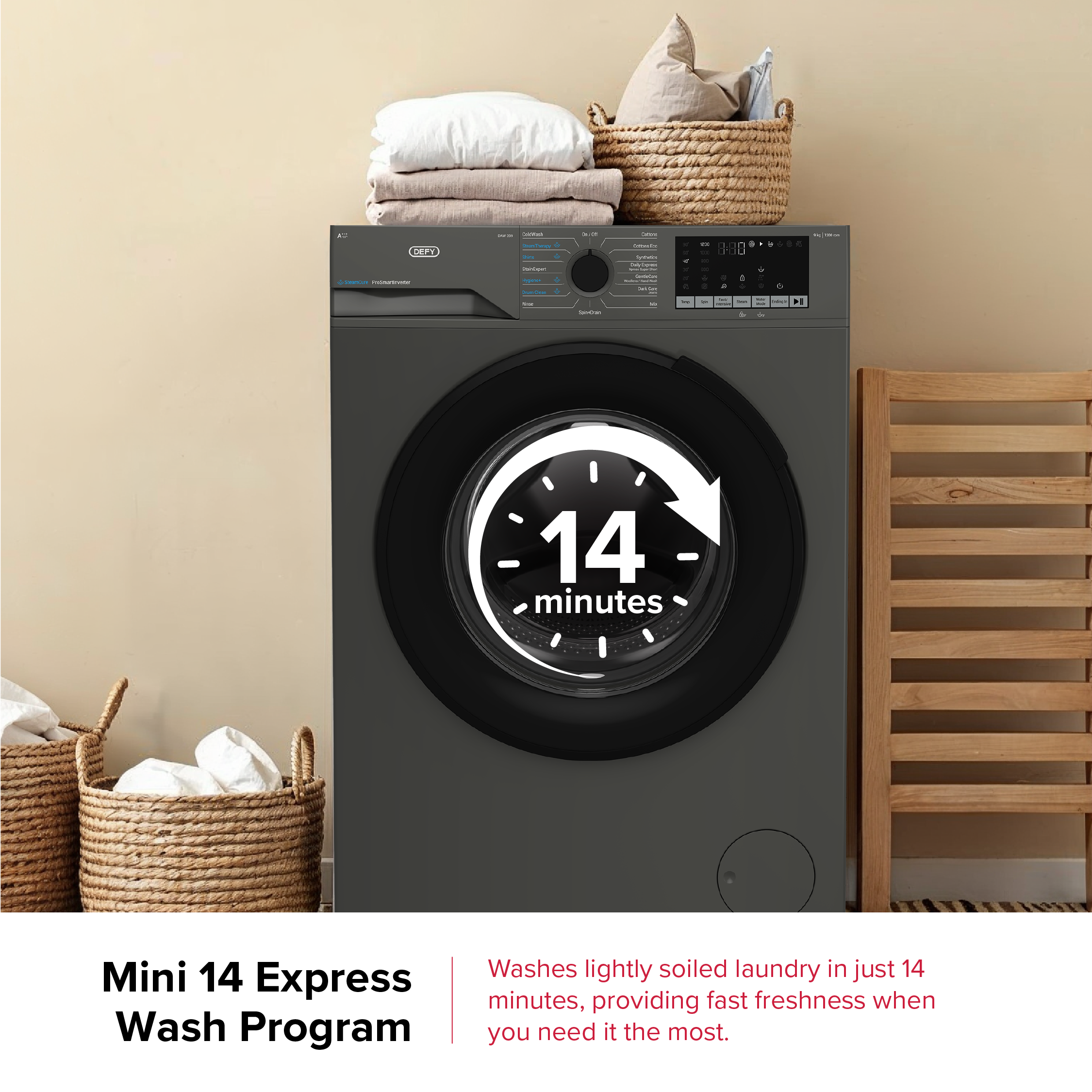 Defy 9kg SteamCure Front Loader Washing Machine Manhattan Grey DAW399