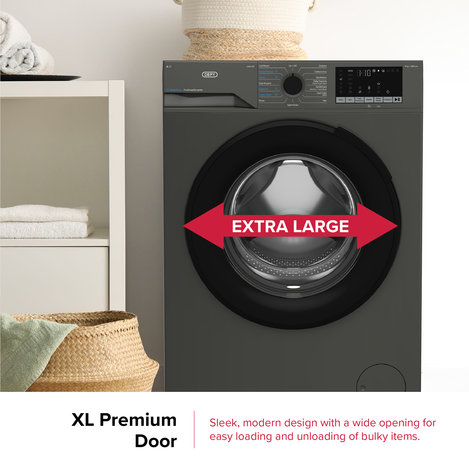 Defy 9kg SteamCure Front Loader Washing Machine Manhattan Grey DAW399-16