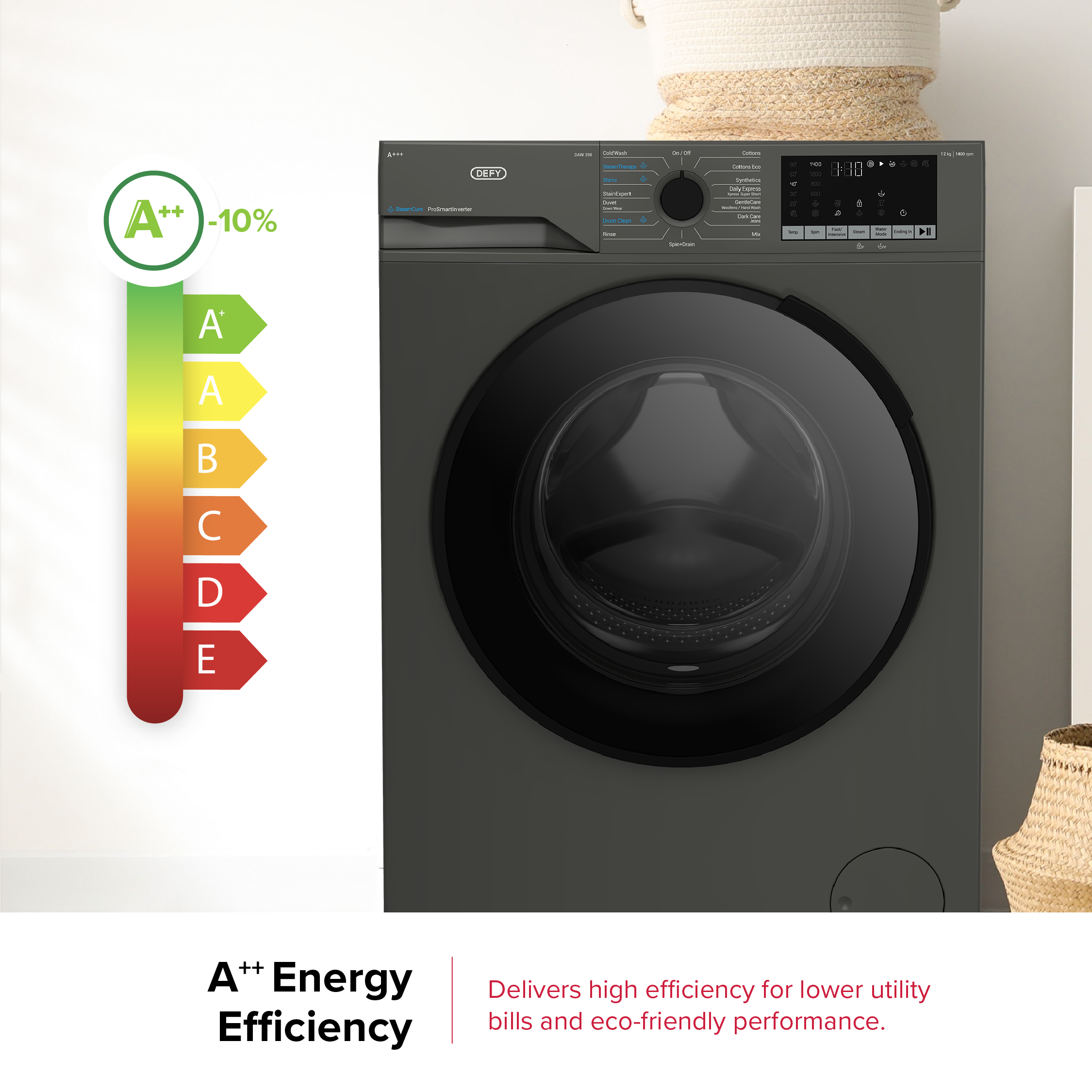 Defy 12kg SteamCure Front Loader Washing Machine Manhattan Grey DAW398