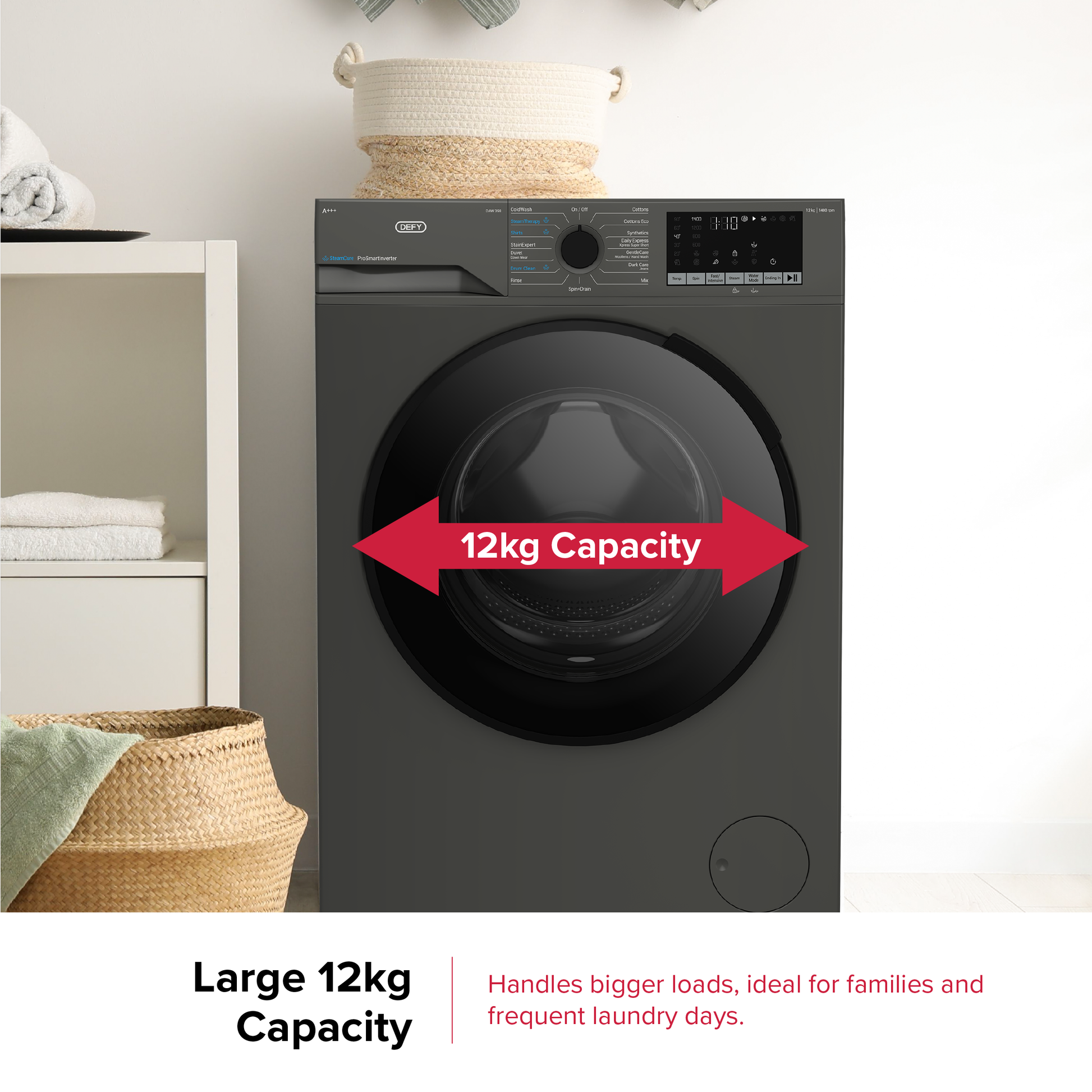 Defy 12kg SteamCure Front Loader Washing Machine Manhattan Grey DAW398-17