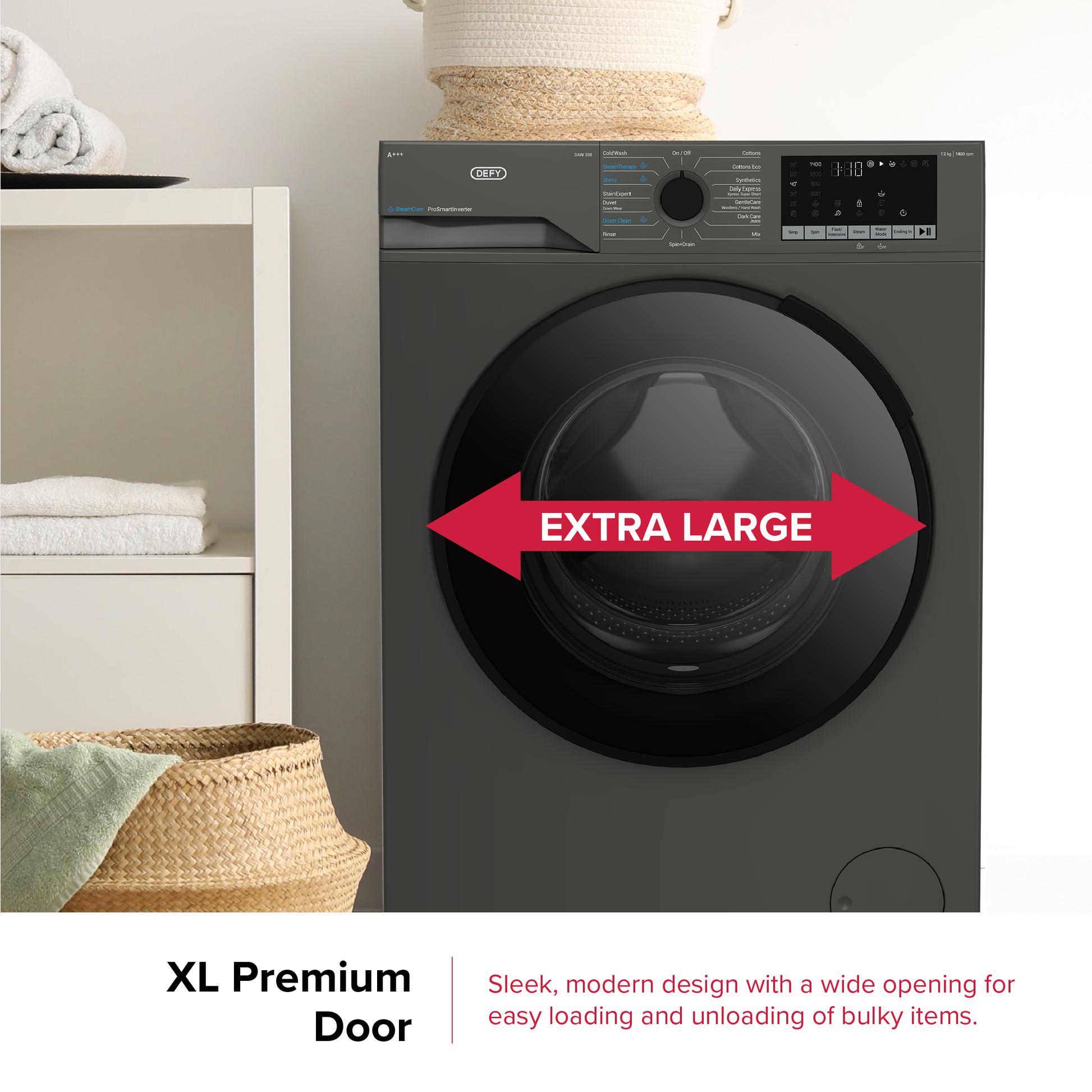 Defy 12kg SteamCure Front Loader Washing Machine Manhattan Grey DAW398-19