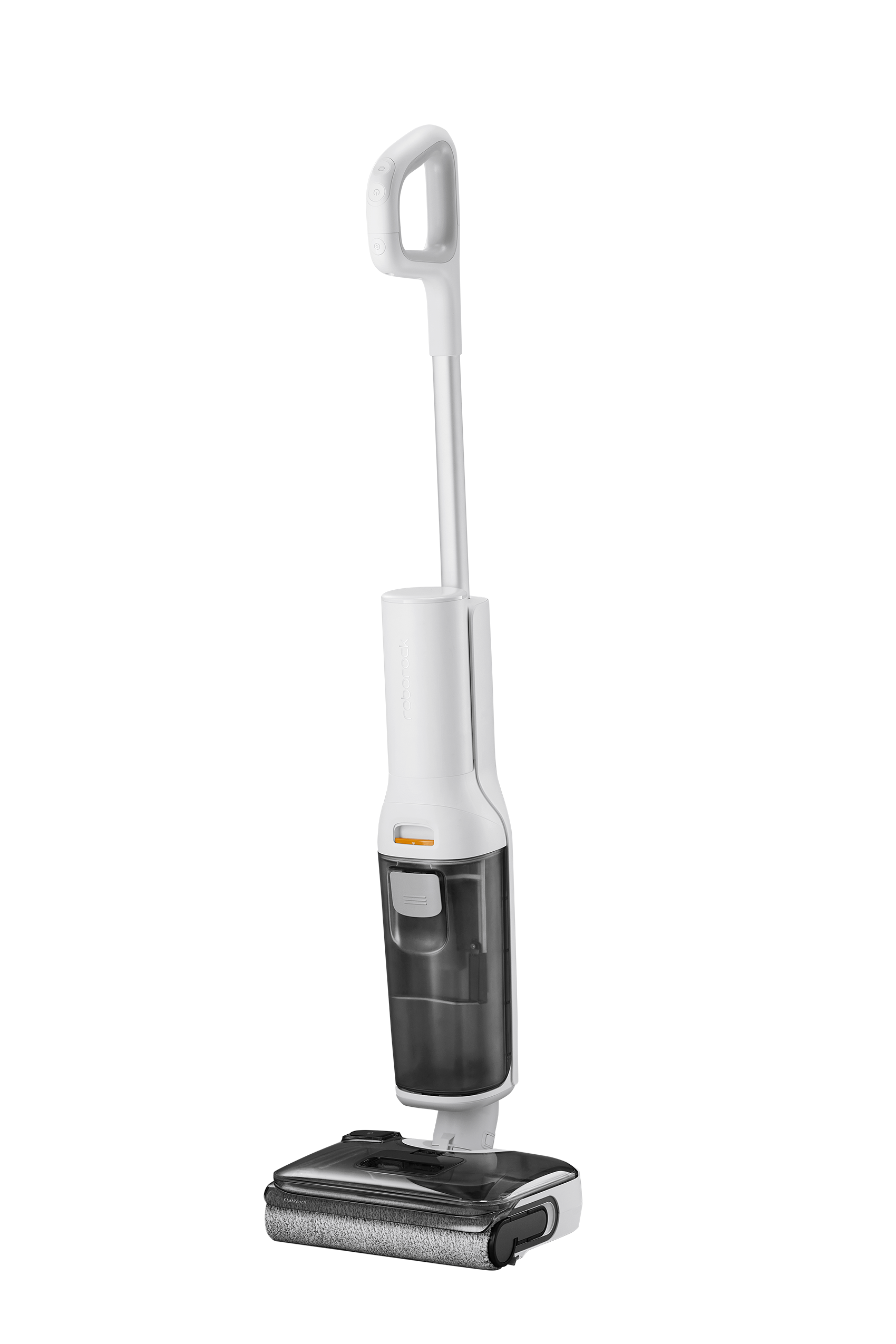 A cordless floor cleaner with a white handle and base, a dark gray transparent water tank, and a small orange accent button, shown on a plain white background.