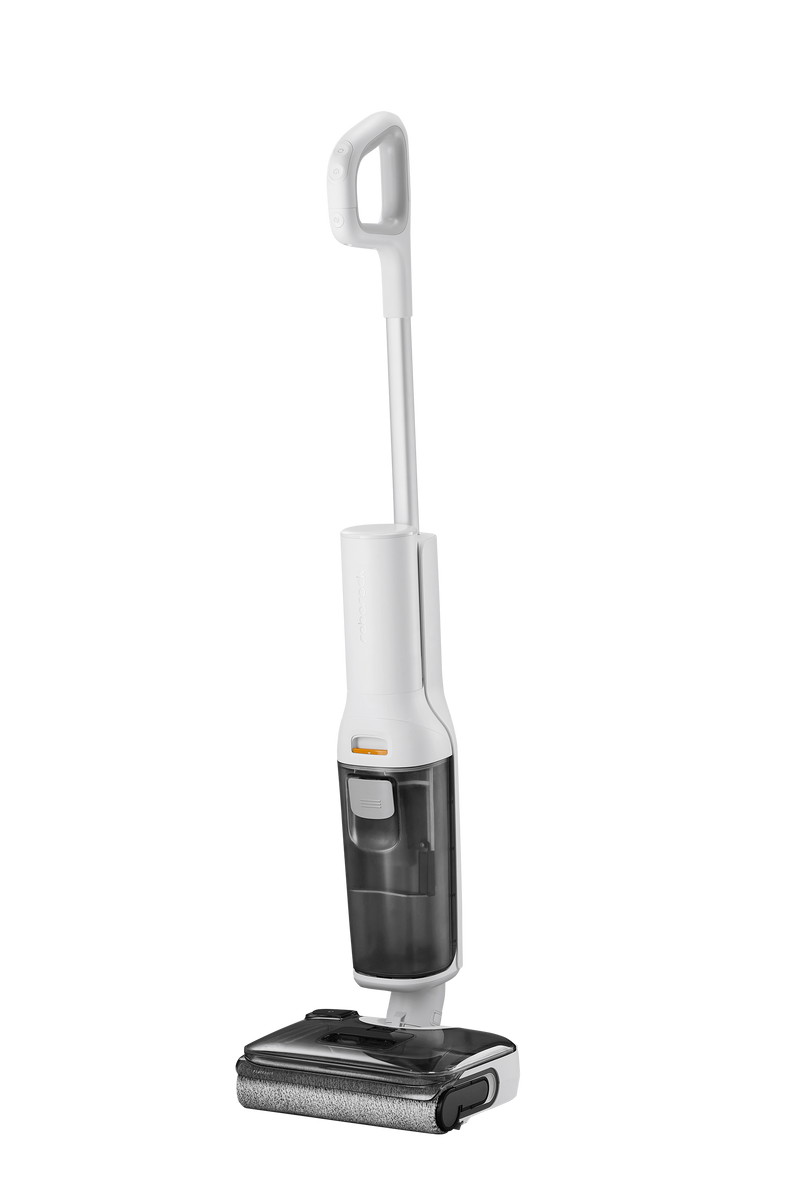 A cordless floor cleaner with a white handle and base, a dark gray transparent water tank, and a small orange accent button, shown on a plain white background.