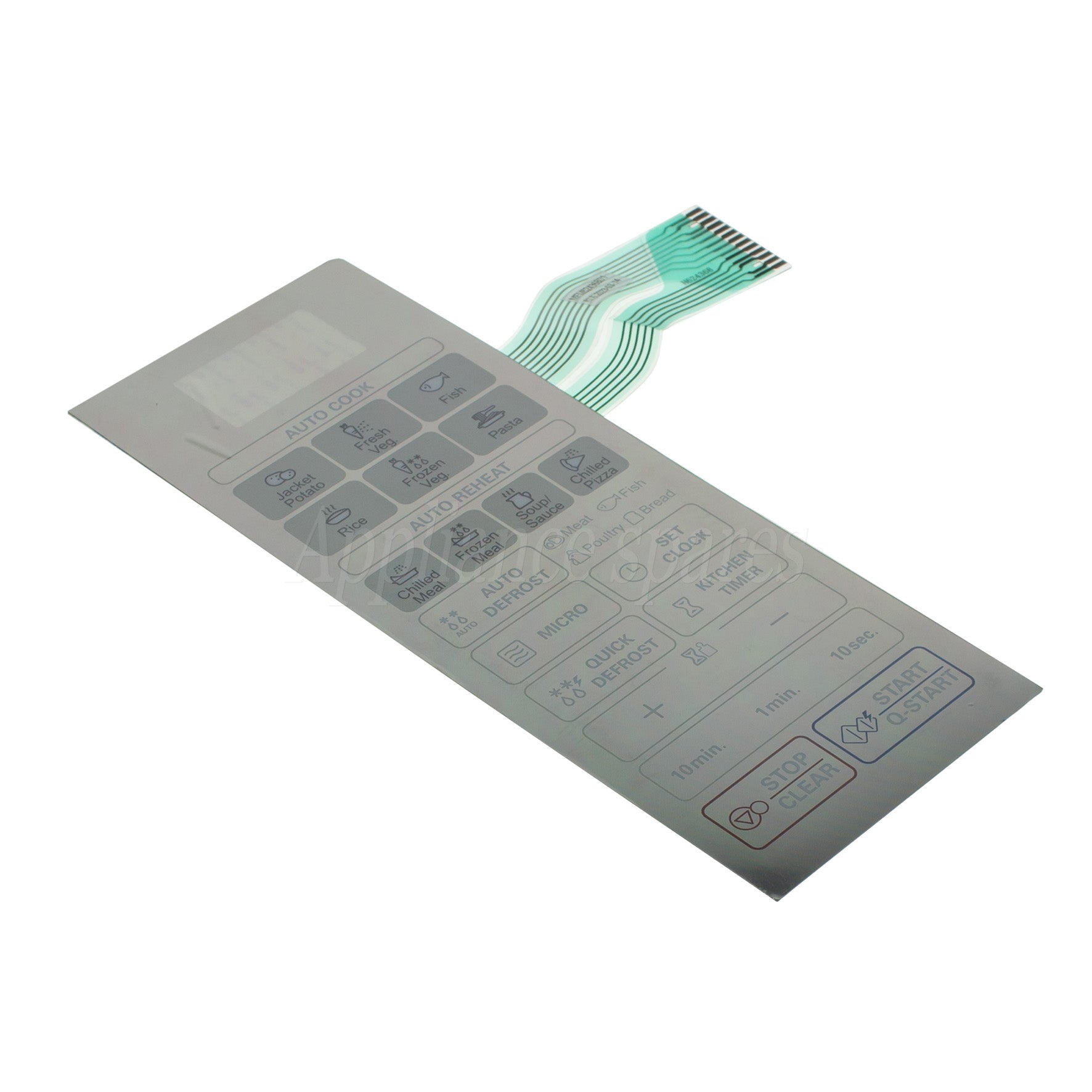 LG Microwave Oven Touch Pad, with control buttons and a green connector ribbon visible.