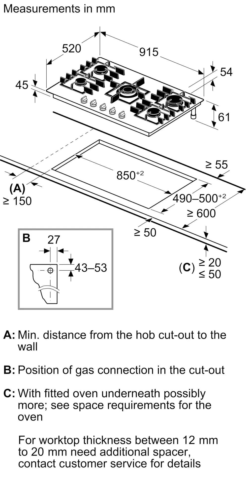 Bosch Series 6 Gas Hob 90 cm Tempered Glass Black PPQ9B6I40M