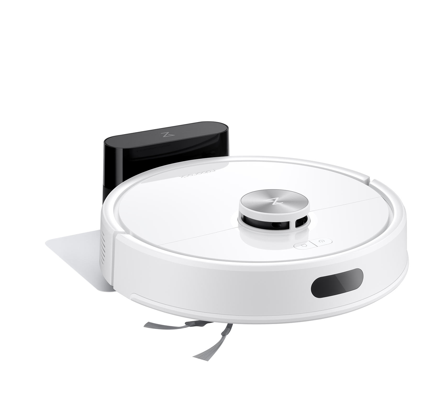 A white robotic vacuum cleaner with a circular design, a central metallic control button, and a black charging dock behind it, shown on a clean white background.