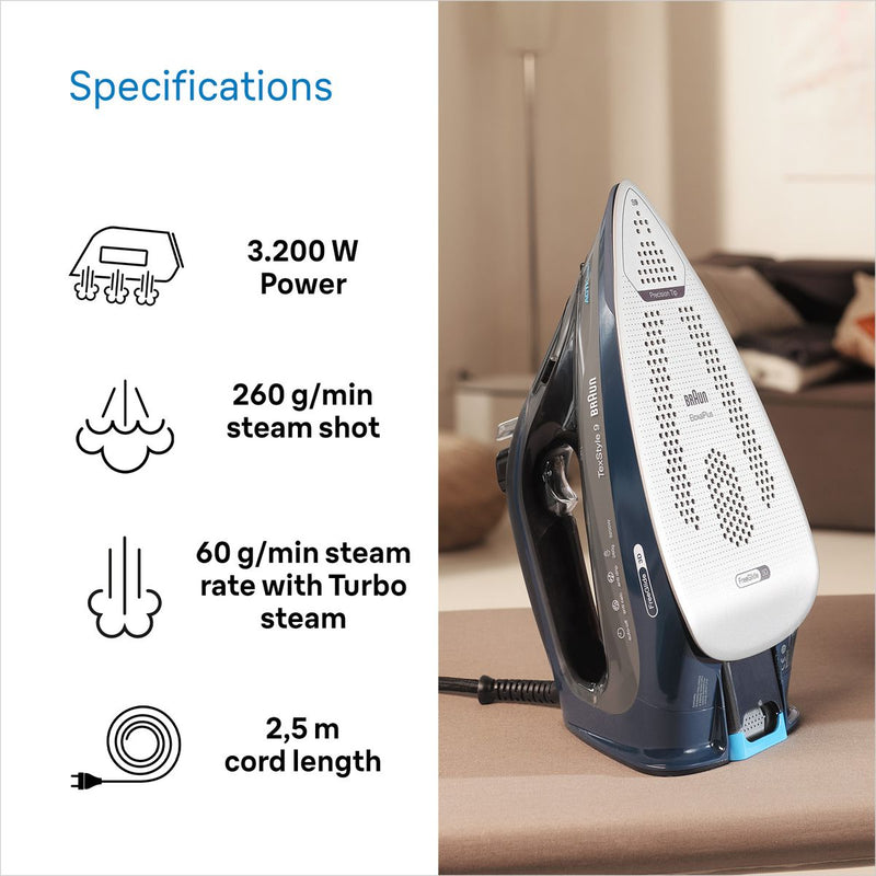 Braun Tex Style 9 Steam Iron with iCare 3200W Blue SI9682DB-5