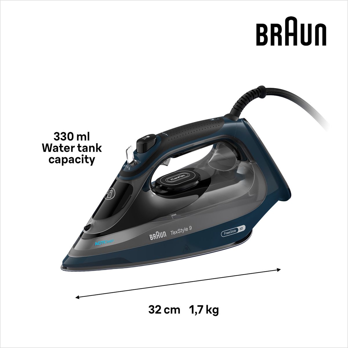 Braun Tex Style 9 Steam Iron with iCare 3200W Blue SI9682DB-3