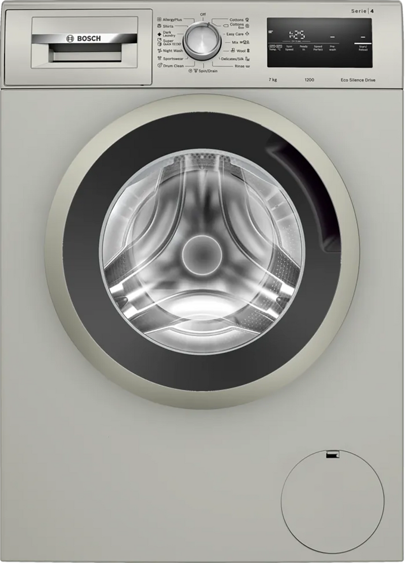 Bosch washing machine with open door showing drum interior on a white background