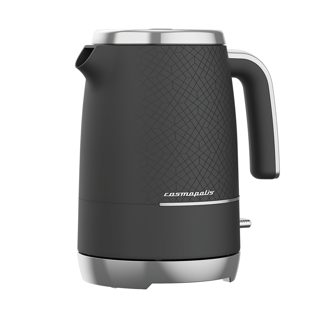 Black electric kettle with silver top on a white background
