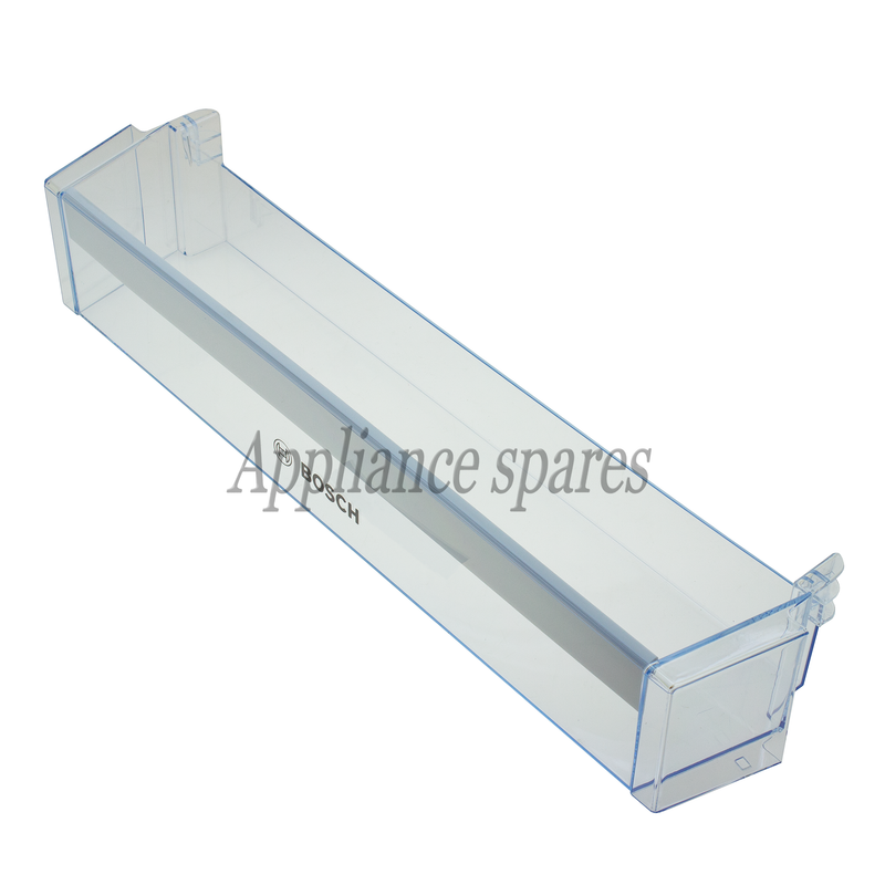 A clear plastic Bosch fridge door rack designed to fit in the bottom of a refrigerator door.