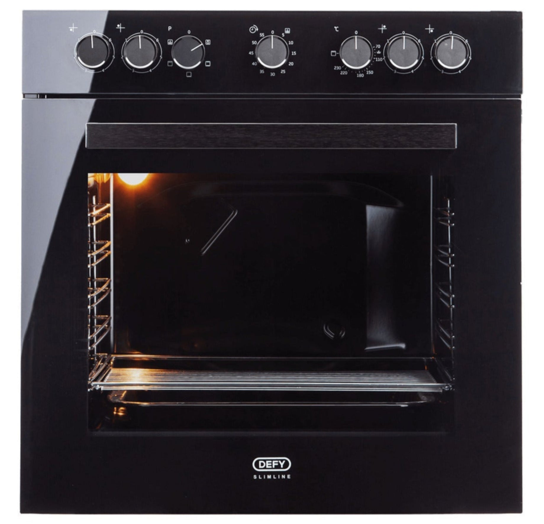 Black oven with DEFY branding on a white background