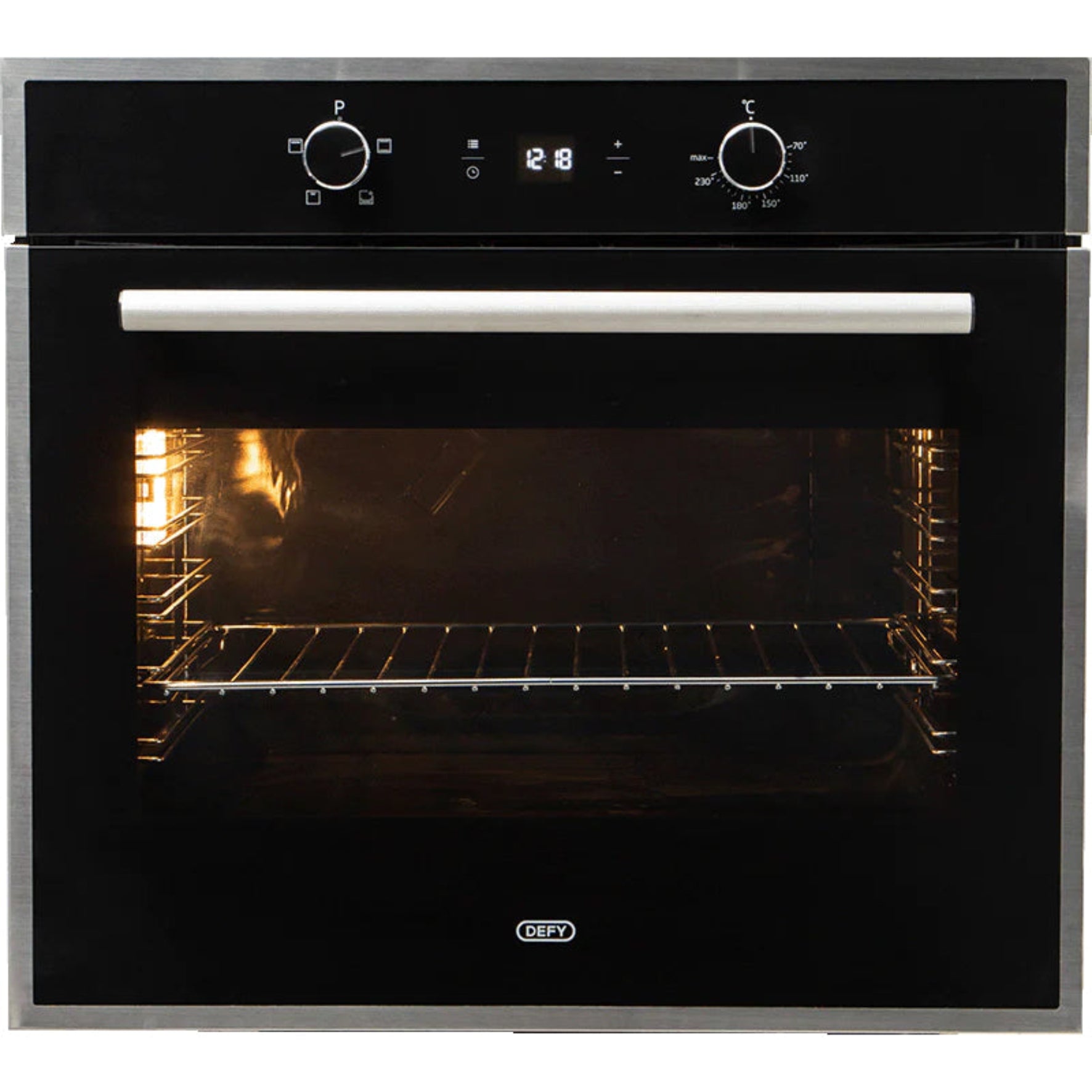 A black built-in oven with a visible baking tray inside, featuring stainless steel trims and a glass control panel.