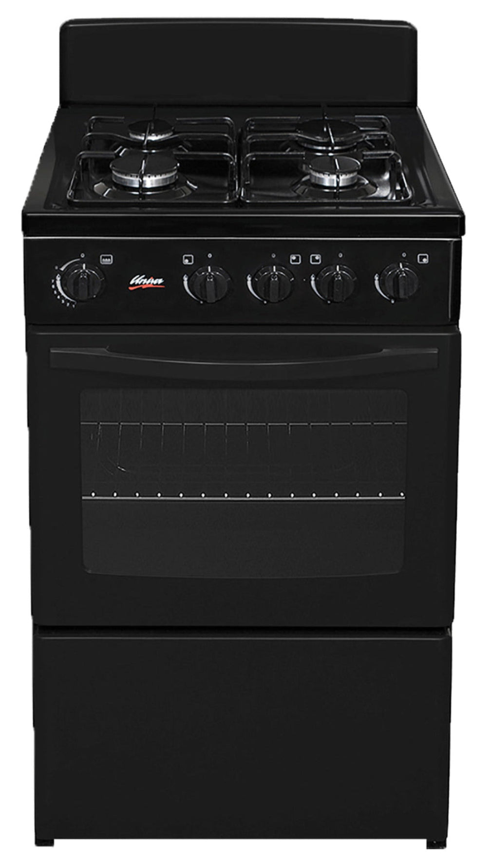 Black gas stove with four burners on a white background